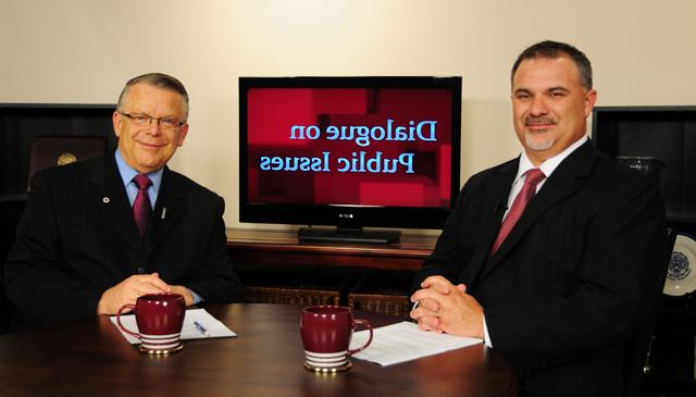 Campbellsville University’s John Chowning, vice president for church and external relations and executive assistant to the president of CU, right, interviews Kentucky Rep. John “Bam” Carney (R-Campbellsville), who represents Kentucky’s 51st House District of Taylor and Adair counties. The show will air Sunday, Jan. 6, 2013 at 8 a.m.; Monday, Jan. 7 at 1:30 p.m. and 6:30 p.m.; Tuesday, Jan. 8 at 1:30 p.m. and 6:30 p.m.; Wednesday, Jan. 9 at 1:30 p.m. and 6:30 p.m.; Thursday, Jan. 10 at 8 p.m.; and Friday, Jan. 11 at 8 p.m. The show is aired on Campbellsville’s cable channel 10 and is also aired on WLCU FM 88.7 at 8 a.m. Sunday, Jan. 6. (Campbellsville University Photo by Christina L. Kern)