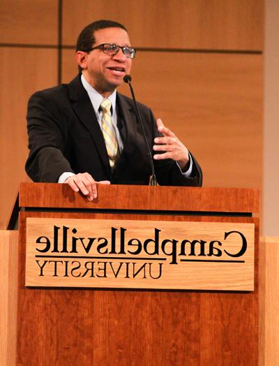 Dr. David Goatley spoke about “Windstorms and Black  History”at Campbellsville University's Ransdell Chapel Feb. 12. (Campbellsville University Photo by Joshua Williams)